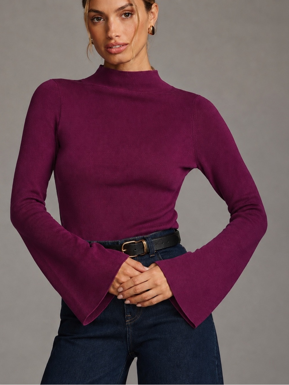 Anthropologie Maeve Arlowe Mock Neck Bell Sleeve Sweater Plum Purple Mod Retro